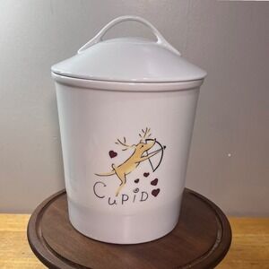 Pottery Barn Reindeer Cupid Ceramic Canister Cookie Jar White Lid 10.5"